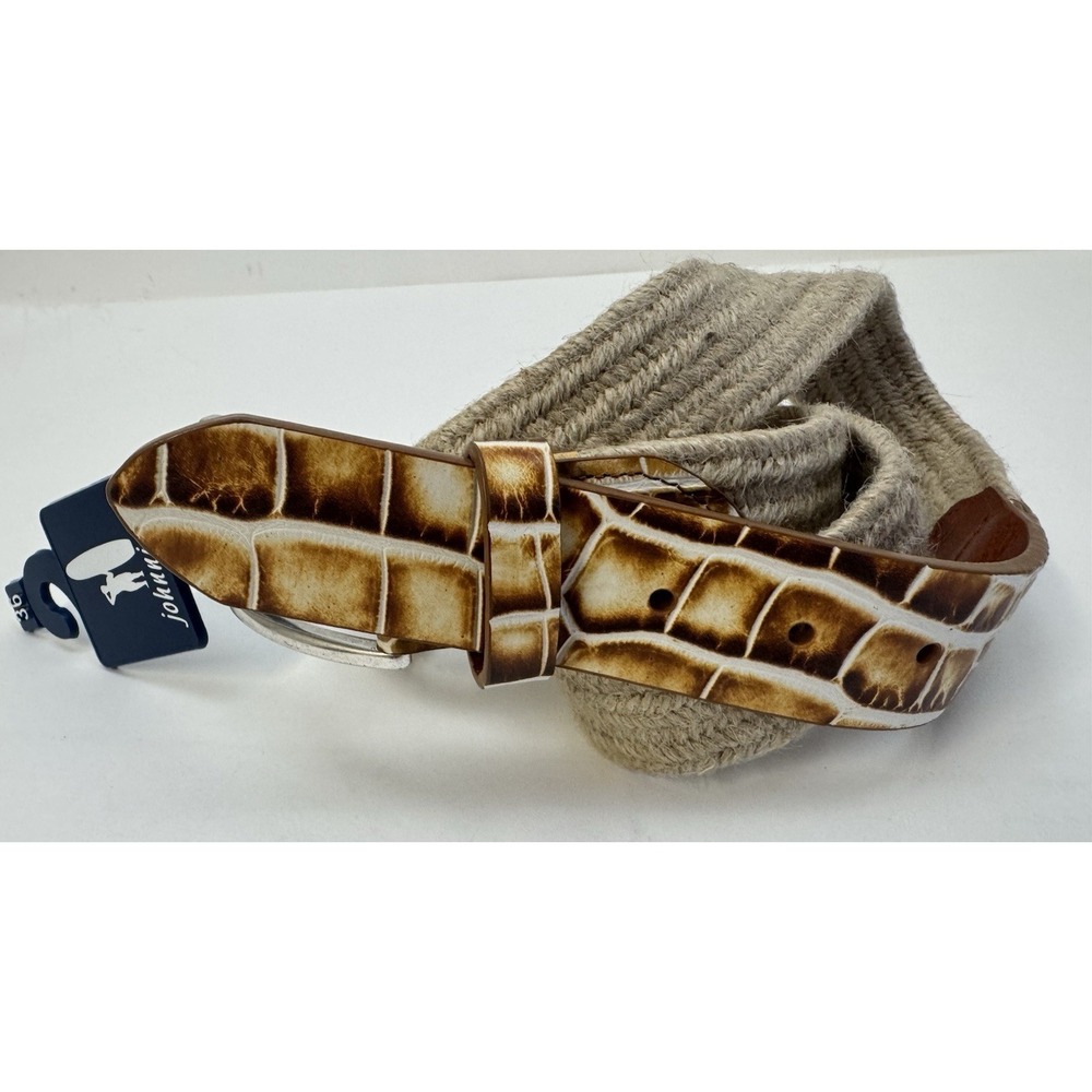 NWT Johnnie-O Croc Tip Leather Stretch Canvas Belt Tan CROCCO TIP Size 36 $128